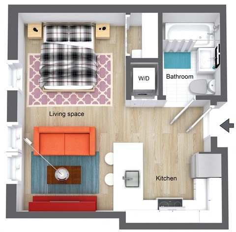Floor plan for studio, 1 bath, 516 sqft